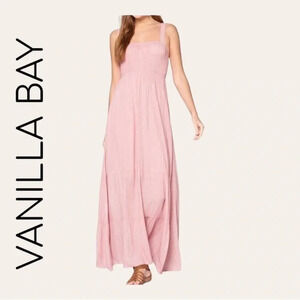 0443. Vanilla BAY MAXI DRESS TIED STRAPS SIZE LARGE SMOCKING TOP PINK IN‎ COLOR
